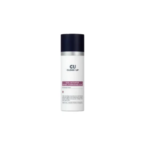 Cylindrical white skincare bottle with a dark navy cap, labeled CU Clean-Up with pink product details on the label (cosmetic bottle).