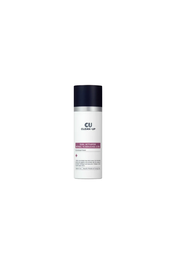Cylindrical white skincare bottle with a dark navy cap, labeled CU Clean-Up with pink product details on the label (cosmetic bottle).