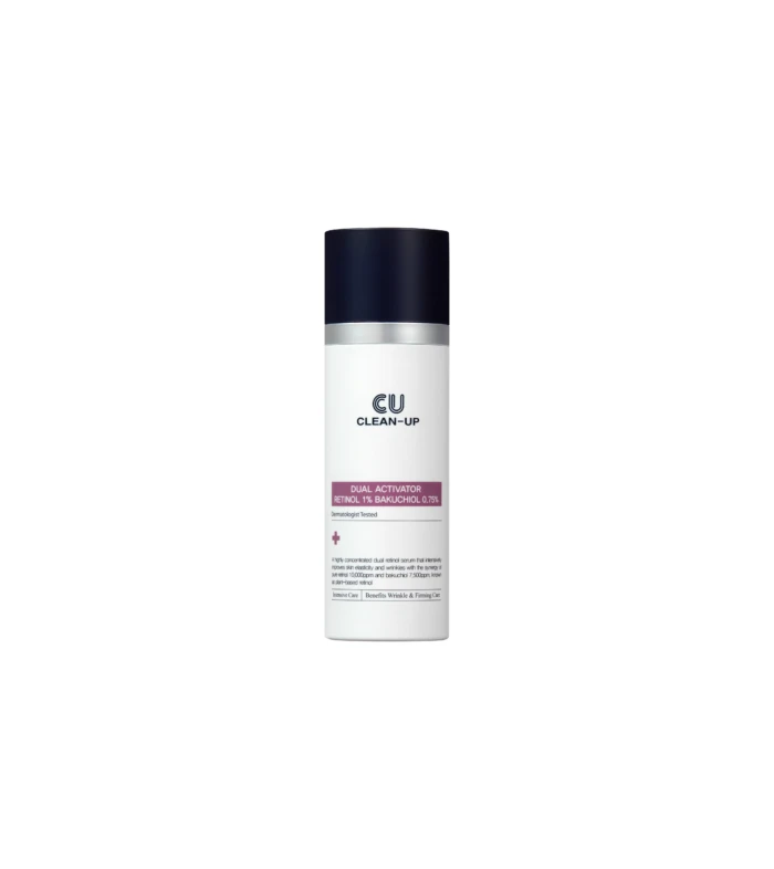 Cylindrical white skincare bottle with a dark navy cap, labeled CU Clean-Up with pink product details on the label (cosmetic bottle).