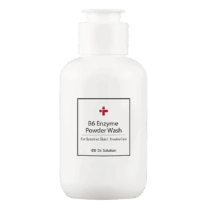 White pump bottle labeled 'B6 Enzyme Powder Wash' for sensitive skin (cosmetic cleanser).