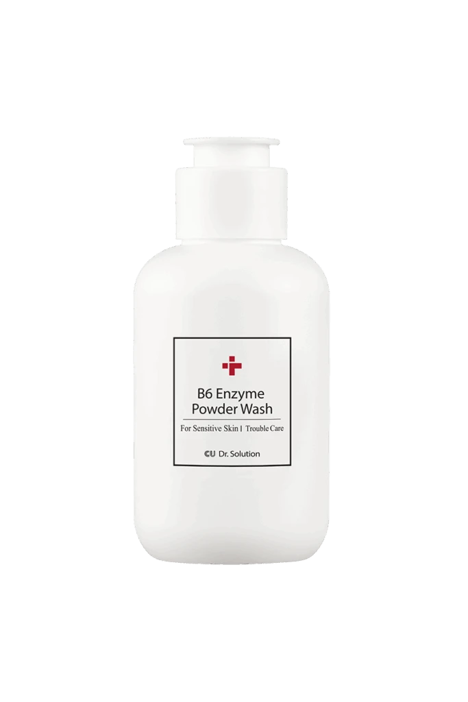 White pump bottle labeled 'B6 Enzyme Powder Wash' for sensitive skin (cosmetic cleanser).