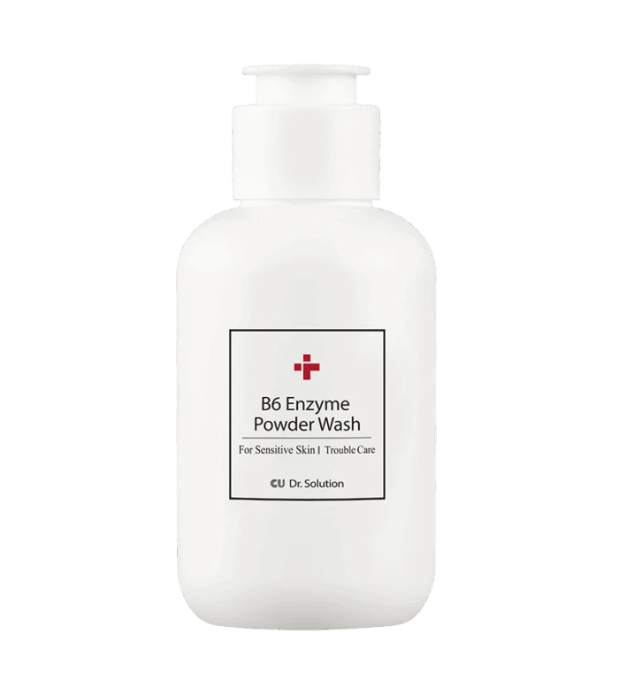 White pump bottle labeled 'B6 Enzyme Powder Wash' for sensitive skin (cosmetic cleanser).