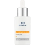 White dropper bottle labeled 'CU CLEAN-UP' with orange 'AV FREE PURIFYING SERUM' band, standing against a black background, skincare product image.