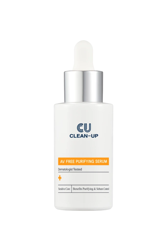 White dropper bottle labeled 'CU CLEAN-UP' with orange 'AV FREE PURIFYING SERUM' band, standing against a black background, skincare product image.