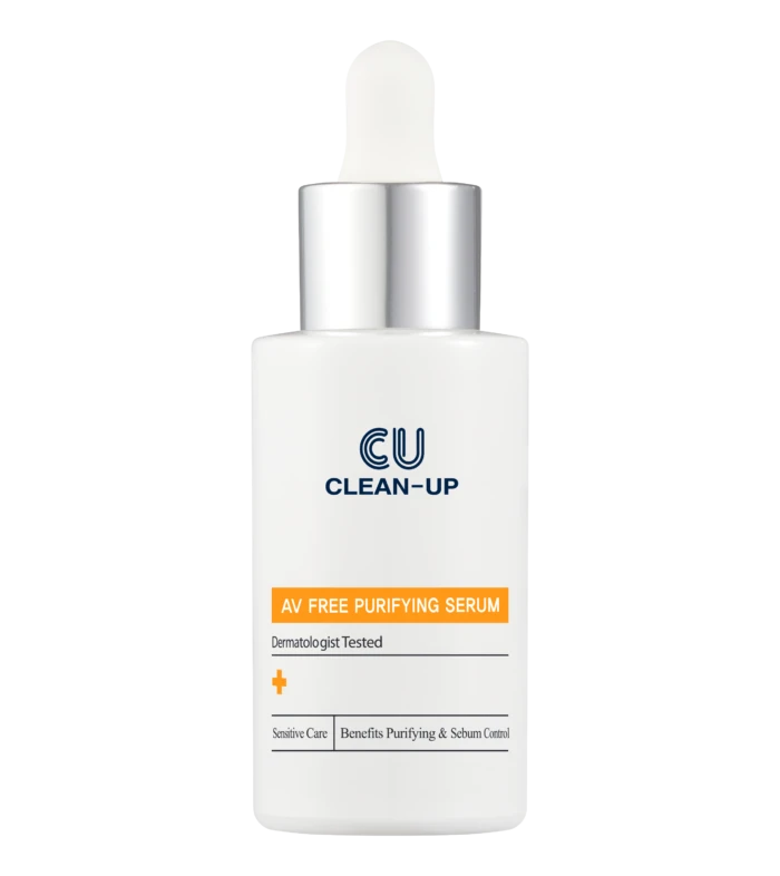 White dropper bottle labeled 'CU CLEAN-UP' with orange 'AV FREE PURIFYING SERUM' band, standing against a black background, skincare product image.
