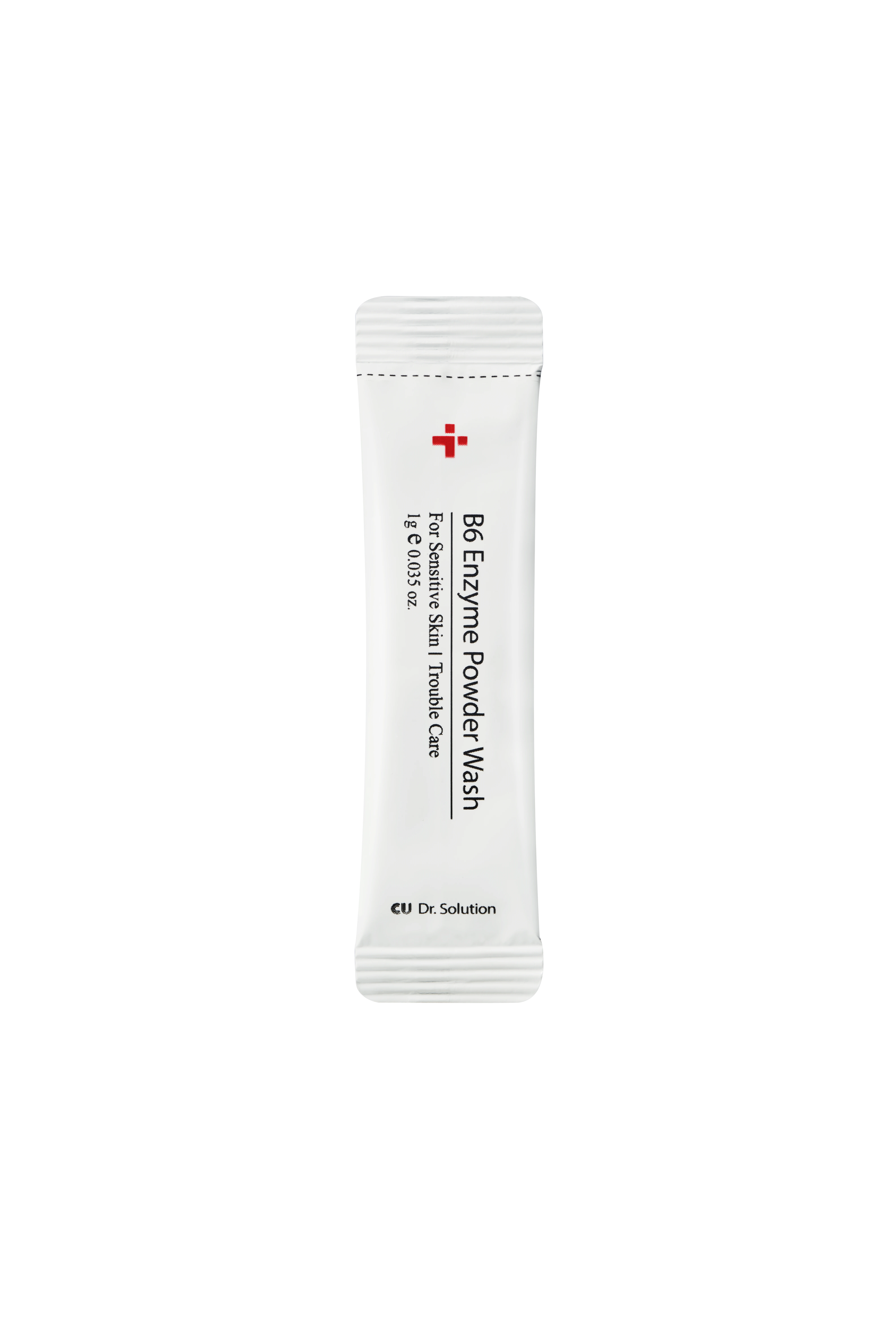 Tube of B6 Enzyme Powder Wash with red cross logo and vertical product name, white pouch-style packaging, Dr. Solution at bottom