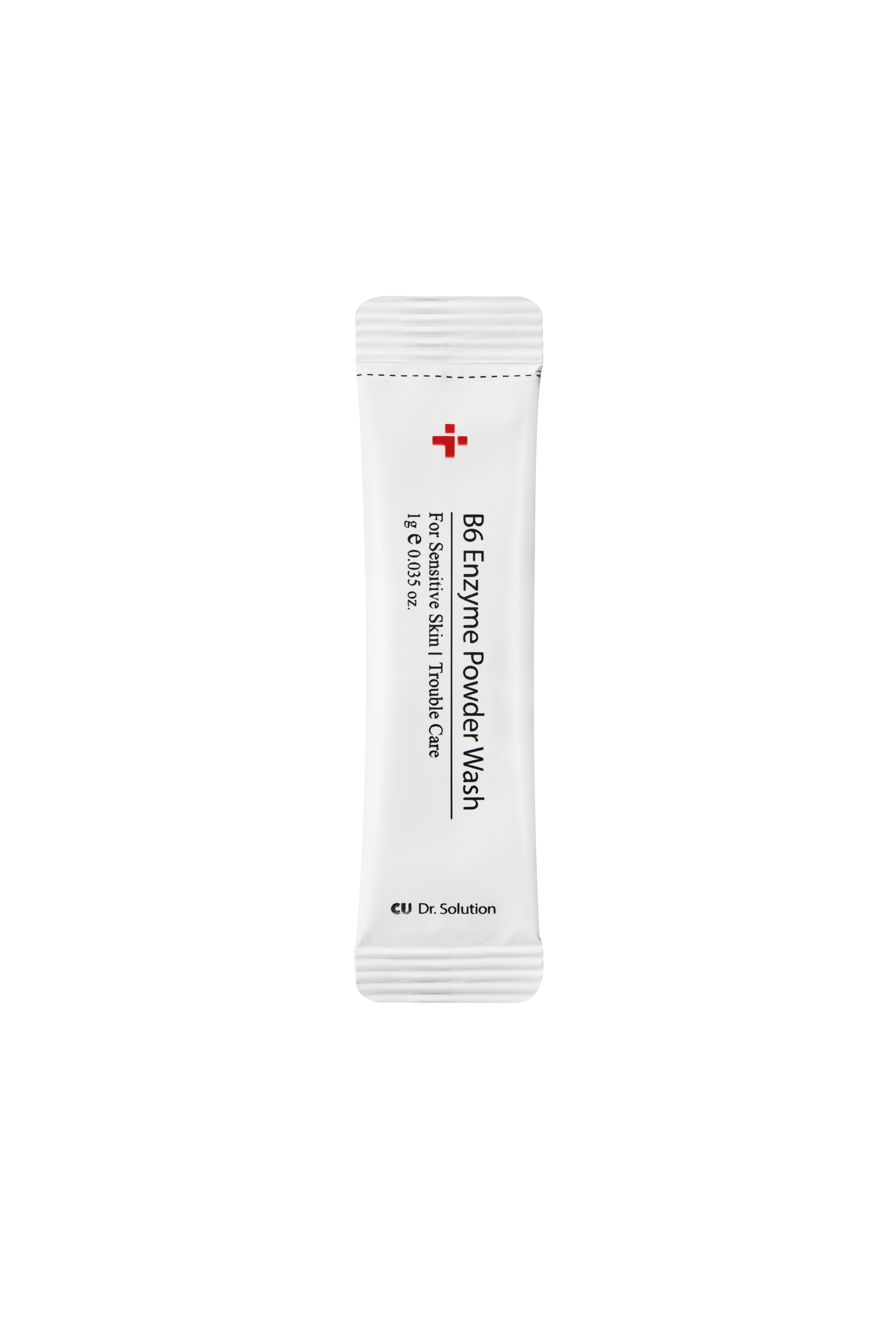 Tube of B6 Enzyme Powder Wash with red cross logo and vertical product name, white pouch-style packaging, Dr. Solution at bottom