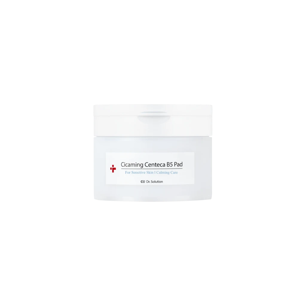 Product box for Cicaming Centeca B5 Pad, white packaging with red cross logo and blue tagline 'For Sensitive Skin | Calming Care'.