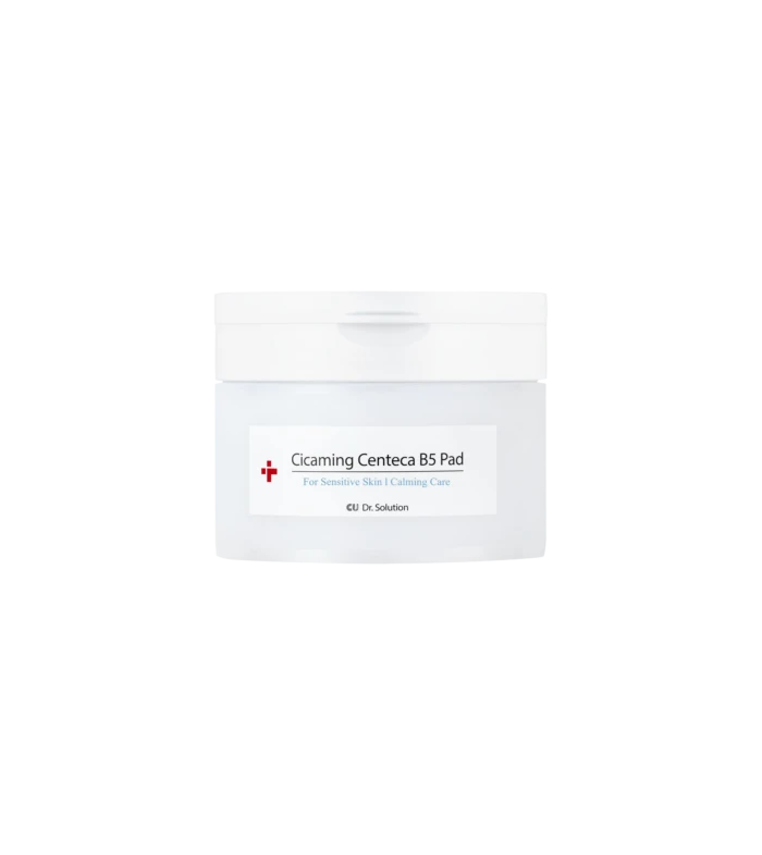 Product box for Cicaming Centeca B5 Pad, white packaging with red cross logo and blue tagline 'For Sensitive Skin | Calming Care'.
