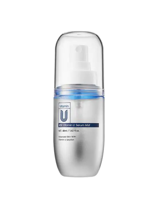 Vitamin C Serum Mist bottle with a white pump and clear cap, silver body and blue accent band on the label.