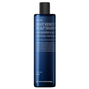 Blue cylindrical bottle of Head Spa Root Remedy Scalp Shampoo for Sensitive Scalp with a black cap, shown upright on white background.