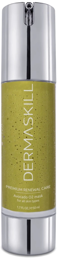 Green avocado O2 mask bottle with a silver cap, labeled DerMaskil Premium Renewal Care (50 ml).