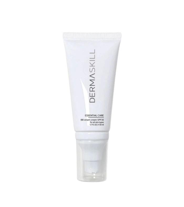 White tube of Dermaskill Essential Care BB cream SPF30 for all skin types on a white background