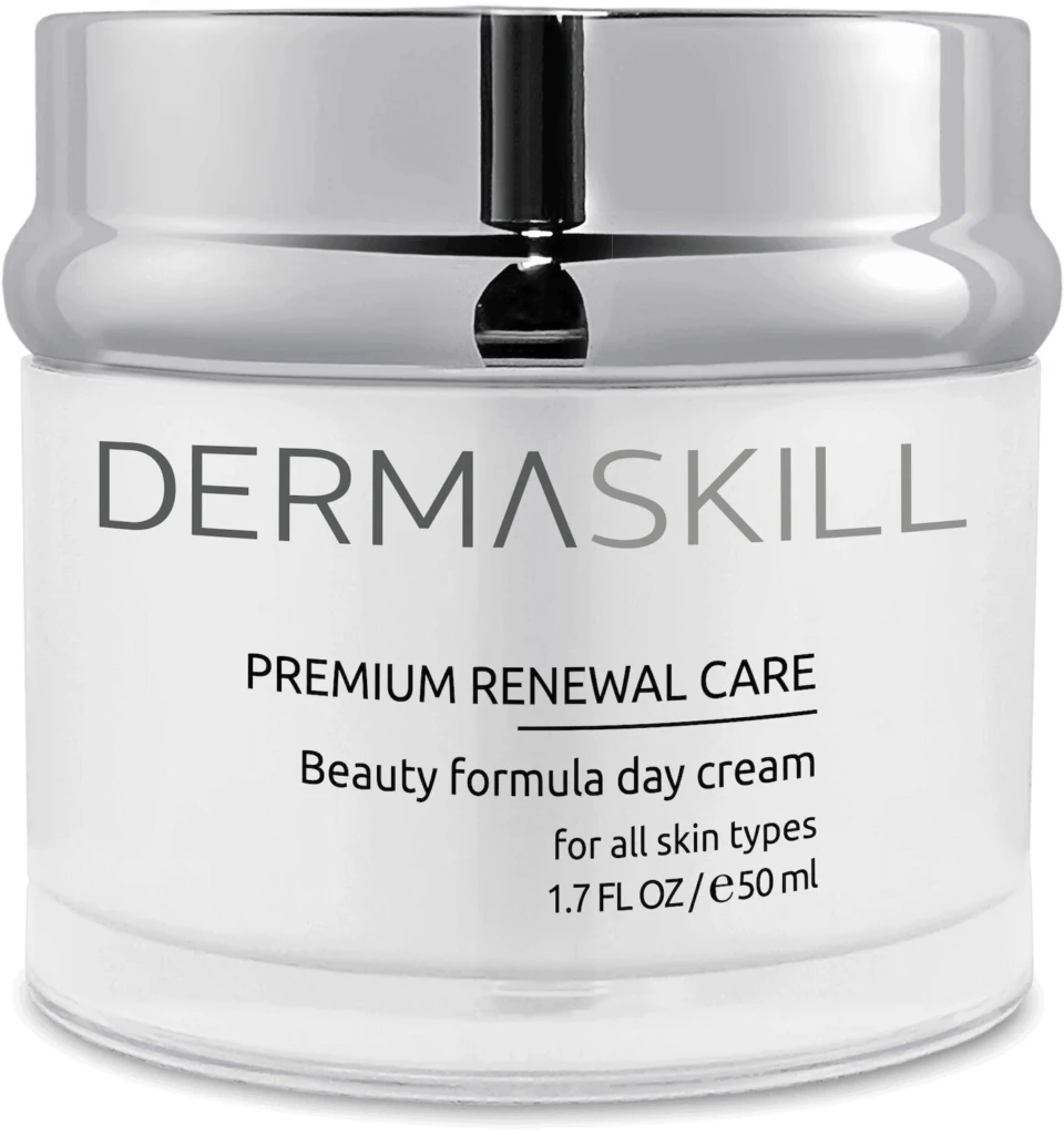 Close-up of a white cosmetic jar with a shiny silver cap labeled DERMASKILL Premium Renewal Care Day Cream for all skin types (1.7 fl oz / 50 ml).