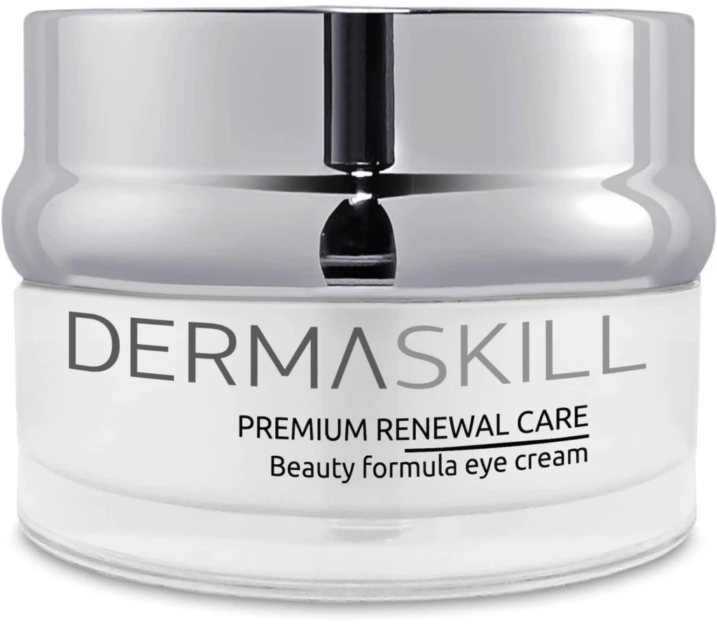 Cosmetic jar labeled DERMASKILL with a silver cap, promoting Premium Renewal Care eye cream on the label