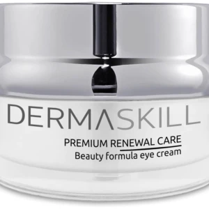 Cosmetic jar labeled DERMASKILL with a silver cap, promoting Premium Renewal Care eye cream on the label