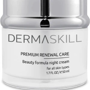 Dermaskill night cream jar with a silver lid; reads 'Premium Renewal Care' and 'Beauty formula night cream' on the label for all skin types.