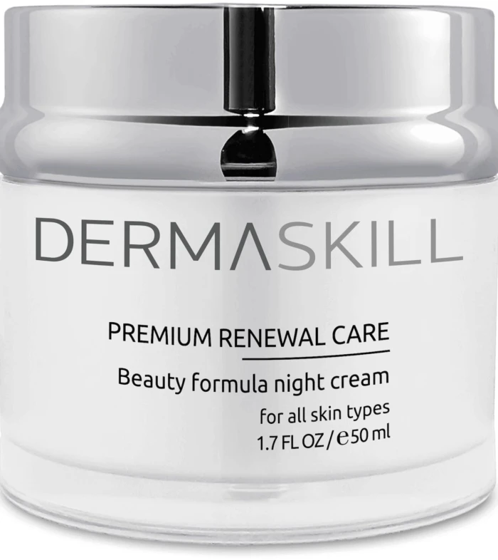 Dermaskill night cream jar with a silver lid; reads 'Premium Renewal Care' and 'Beauty formula night cream' on the label for all skin types.