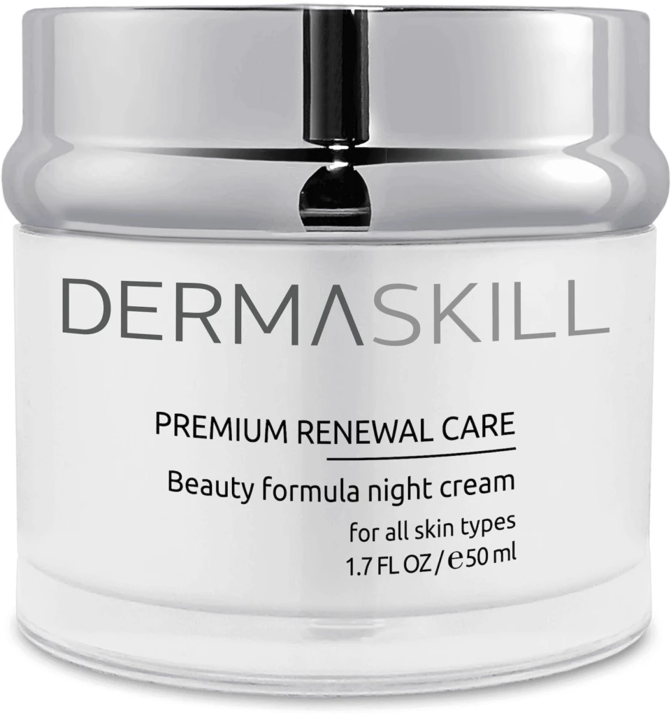 Dermaskill night cream jar with a silver lid; reads 'Premium Renewal Care' and 'Beauty formula night cream' on the label for all skin types.
