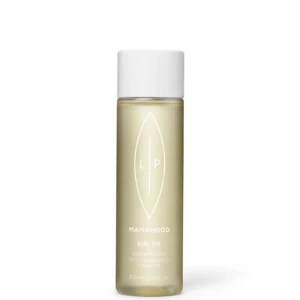 Bottle of Mamahood Belly Oil with white cap, beige oil visible through glass, text/logo along the label indicating product name and用途.