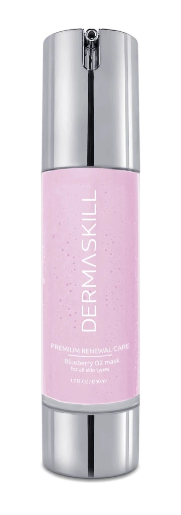 Dermaskill blue blueberry O2 mask bottle with chrome cap, pink liquid inside