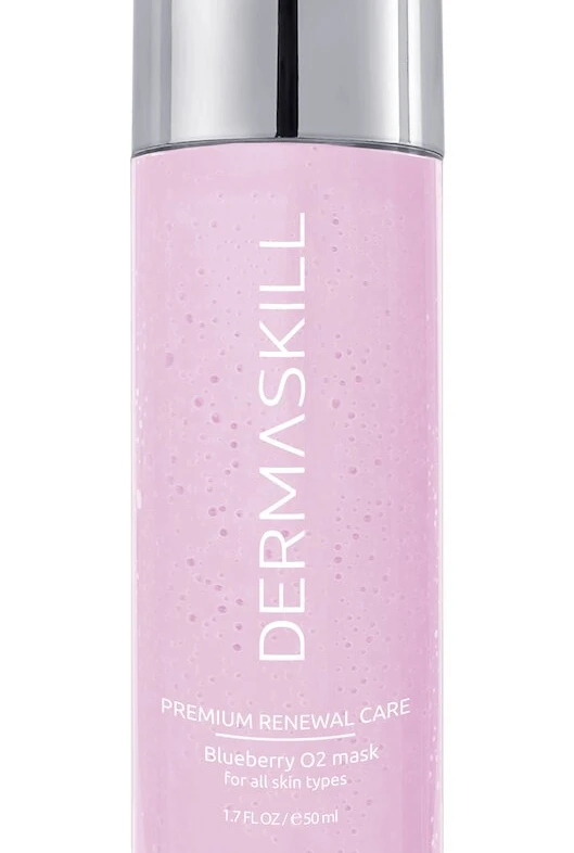Dermaskill blue blueberry O2 mask bottle with chrome cap, pink liquid inside
