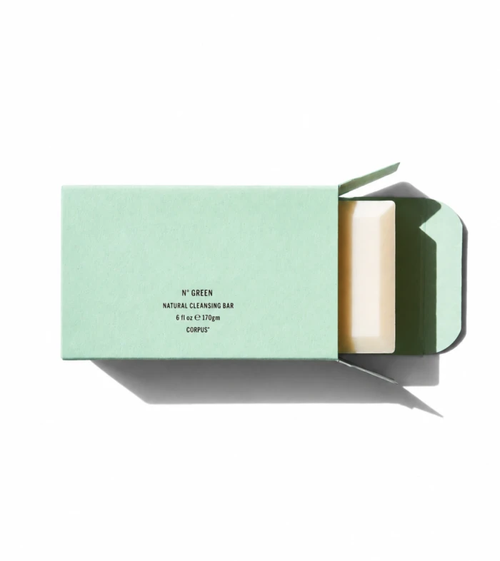 Mint-green packaging for N° GREEN natural cleansing bar with the soap partially exposed inside the box.