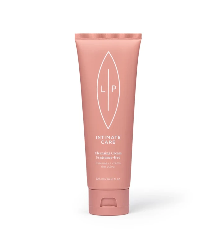 Peach-pink tube of LP Intimate Care cleansing cream, fragrance-free, with white logo and text.