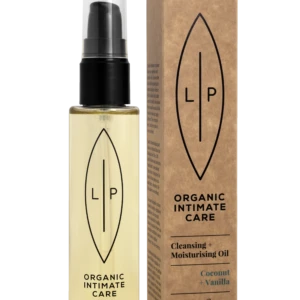 Bottle of organic intimate care oil with a pump dispenser shown next to its brown packaging box featuring a black leaf-shaped logo and 'LP' initials; coconut + vanilla scent noted on packaging.
