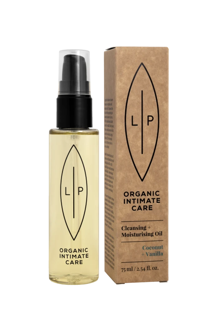 Bottle of organic intimate care oil with a pump dispenser shown next to its brown packaging box featuring a black leaf-shaped logo and 'LP' initials; coconut + vanilla scent noted on packaging.