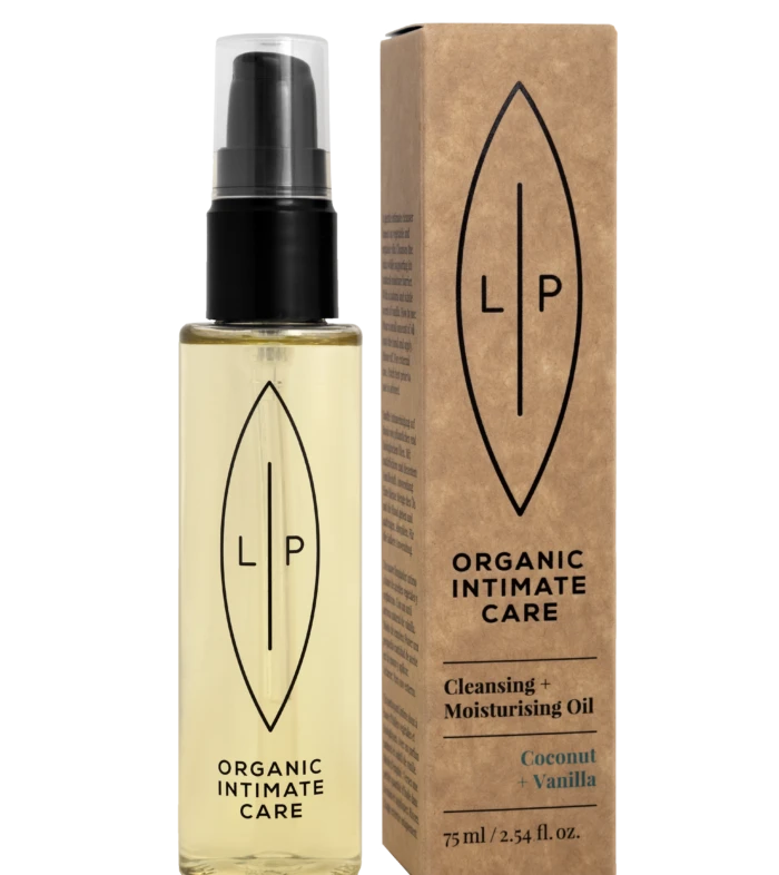 Bottle of organic intimate care oil with a pump dispenser shown next to its brown packaging box featuring a black leaf-shaped logo and 'LP' initials; coconut + vanilla scent noted on packaging.