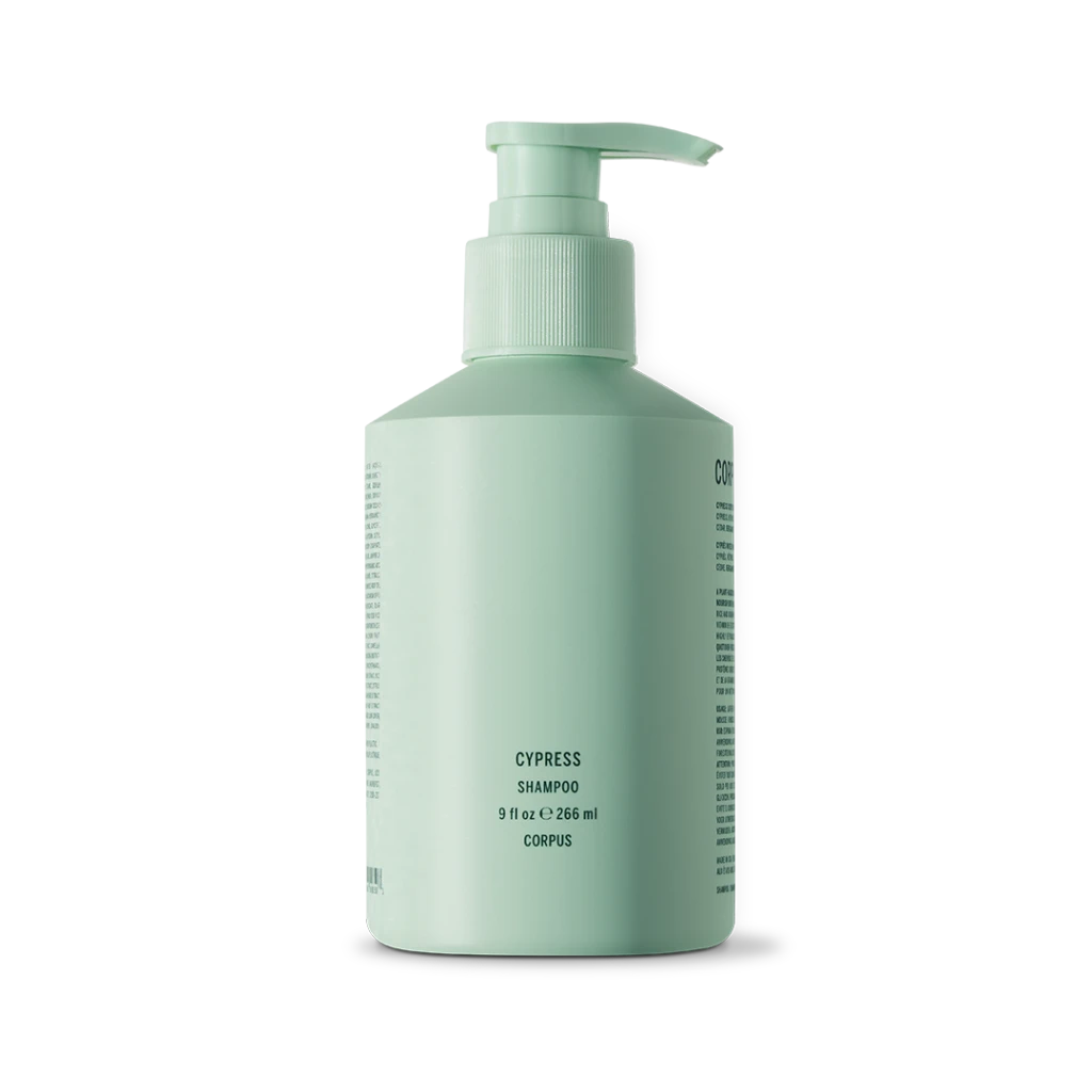 Mint-green shampoo bottle with pump, labeled Cypress Shampoo (9 fl oz / 266 ml) on a white background