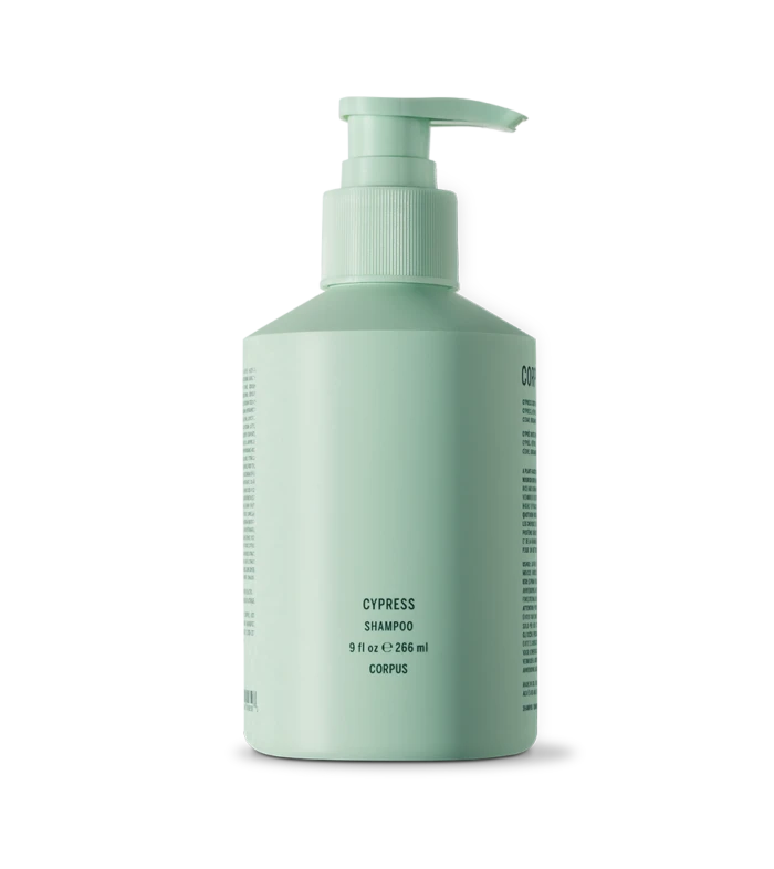 Mint-green shampoo bottle with pump, labeled Cypress Shampoo (9 fl oz / 266 ml) on a white background