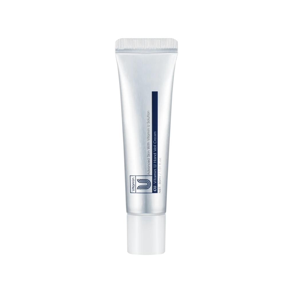 White hand cream tube with a blue vertical stripe, standing upright against a black background.