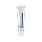 White hand cream tube with a blue vertical stripe, standing upright against a black background.