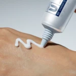 A squeeze tube dispenses white lotion onto a person’s forearm, creating a wavy line of cream.