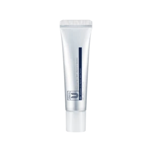White hand cream tube with a blue vertical stripe, standing upright against a black background.