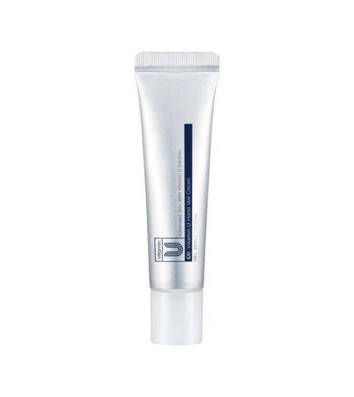 White hand cream tube with a blue vertical stripe, standing upright against a black background.