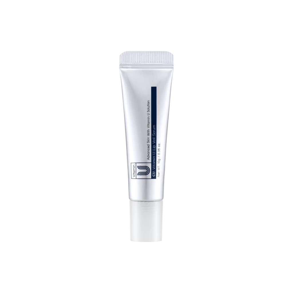 White cosmetic serum tube with a blue label, centered on a black background.