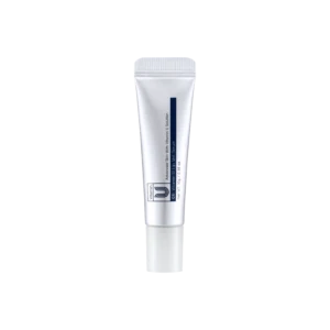 White cosmetic serum tube with a blue label, centered on a black background.