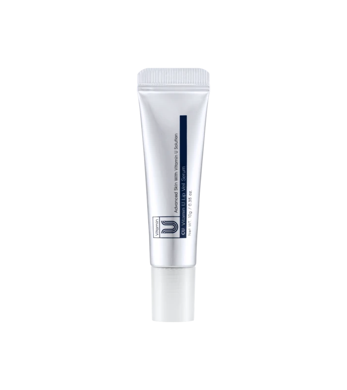 White cosmetic serum tube with a blue label, centered on a black background.
