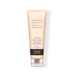 Beige squeeze tube labeled 'Curly Shyll' with 'Perfection Curl Cream – Volume & Soft Finish' and a clear flip-top cap; black band reads 'Styling for Professionals'