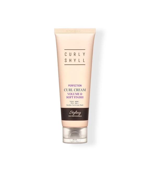 Beige squeeze tube labeled 'Curly Shyll' with 'Perfection Curl Cream – Volume & Soft Finish' and a clear flip-top cap; black band reads 'Styling for Professionals'