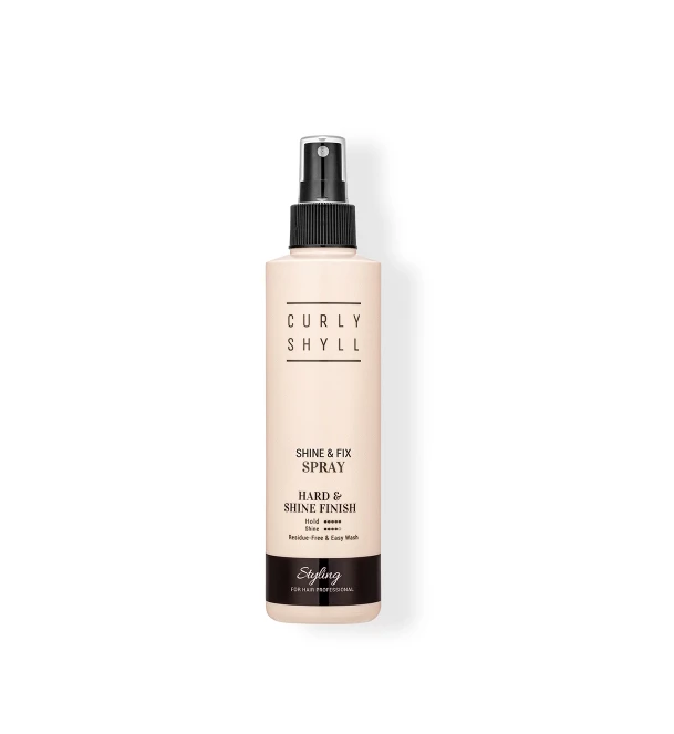 Beige hair styling spray bottle labeled Curly Shyll with a black nozzle cap.