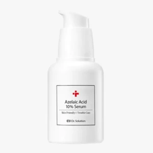 White pump bottle labeled Azelaic Acid 10% Serum for skin care and trouble care