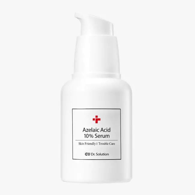 White pump bottle labeled Azelaic Acid 10% Serum for skin care and trouble care