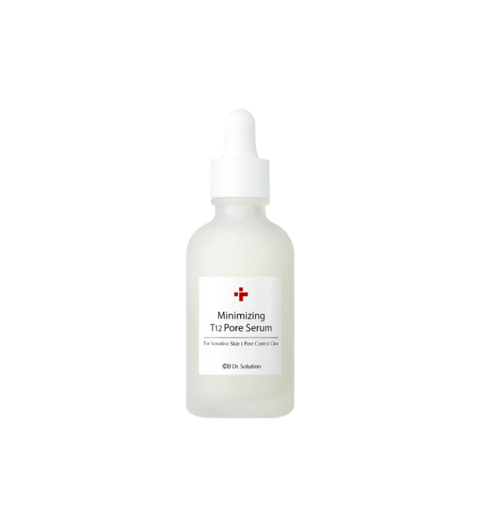 Dropper bottle labeled 'Minimizing T12 Pore Serum' on a pale background.