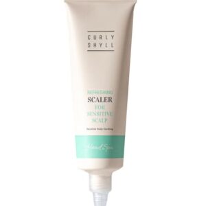 Tube of Curly Shyll Refreshing Scaler for Sensitive Scalp (Head Spa), beige packaging with a turquoise band.