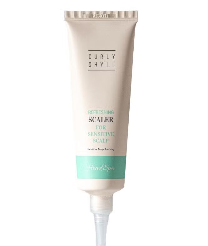 Tube of Curly Shyll Refreshing Scaler for Sensitive Scalp (Head Spa), beige packaging with a turquoise band.