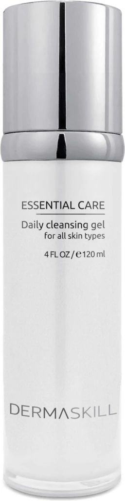 Dermaskill Essential Care Daily cleansing gel bottle for all skin types, 120 ml (4 fl oz) with silver cap on white bottle
